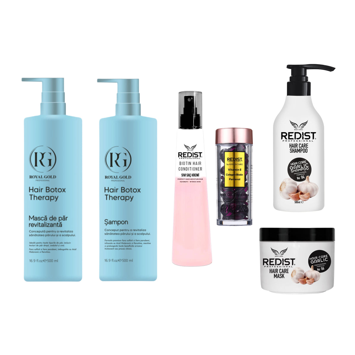 Pachet Hidratare Boto Therapy + Bifazic și Capsule Biotina + Cadou : Kit Redist pentru creșterea și regenerarea părului cu extract de usturoi - Redist