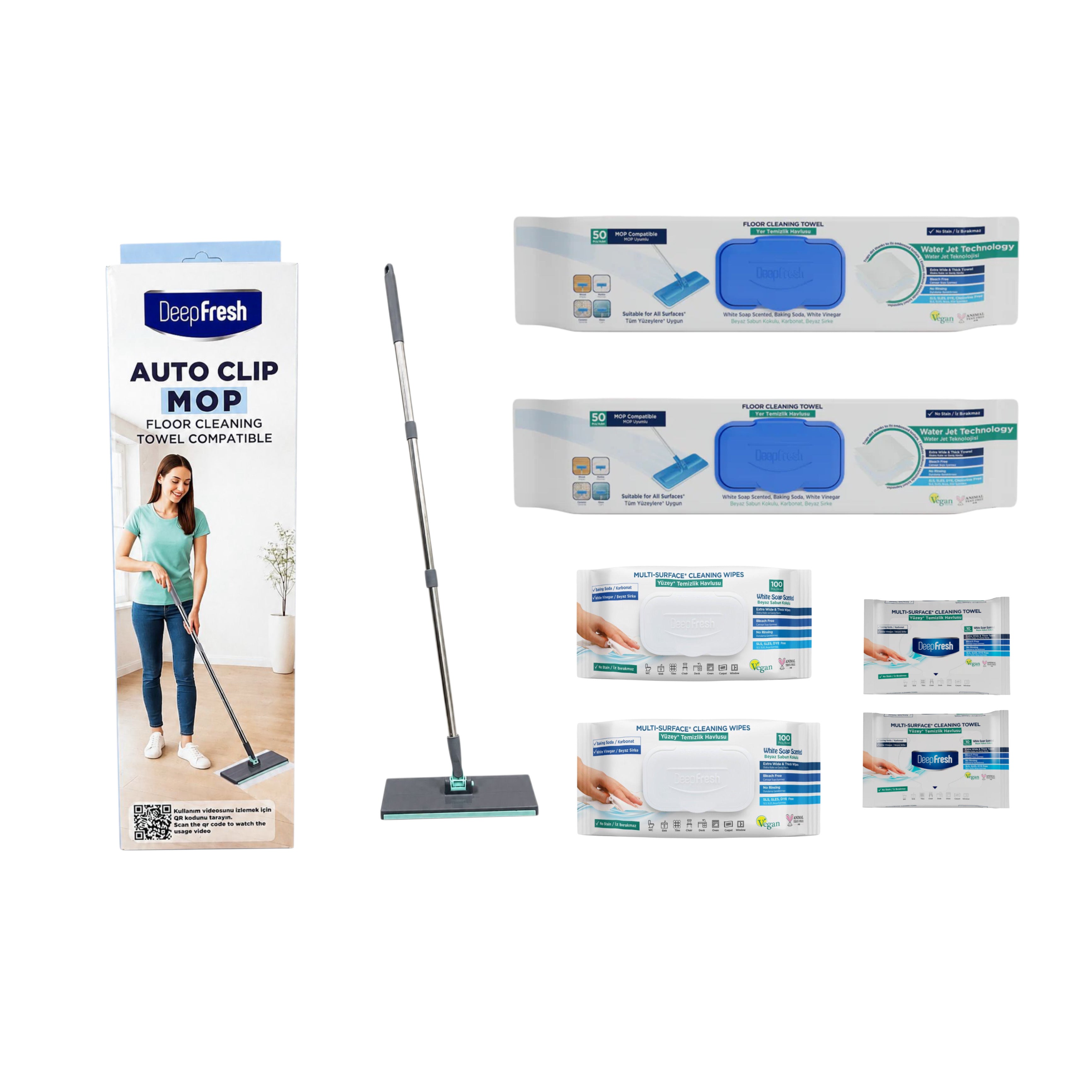 Kit complet Deep Fresh șervețele cu bicarbonat și oțet + Mop nou + 2 x rezerve mop