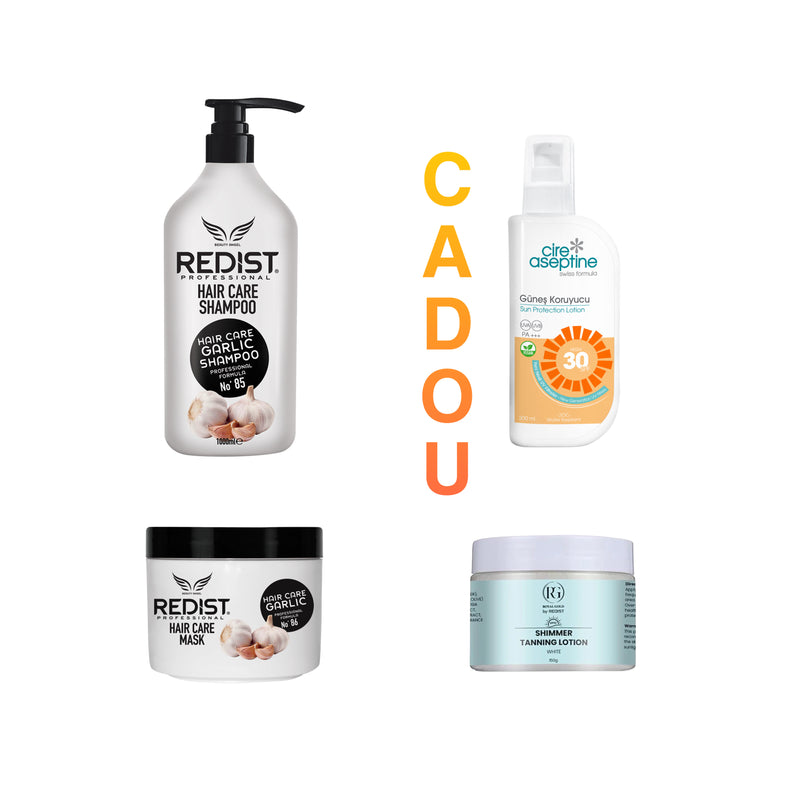 Sampon cu usturoi 1000 ml + Masca cu usturoi + CADOU : Cremă protecție solară Cire Aseptine 30 SPF 200 ml + Shimmer Tanning Lotion SPF 10 Royal Gold by Redist, White 150 g