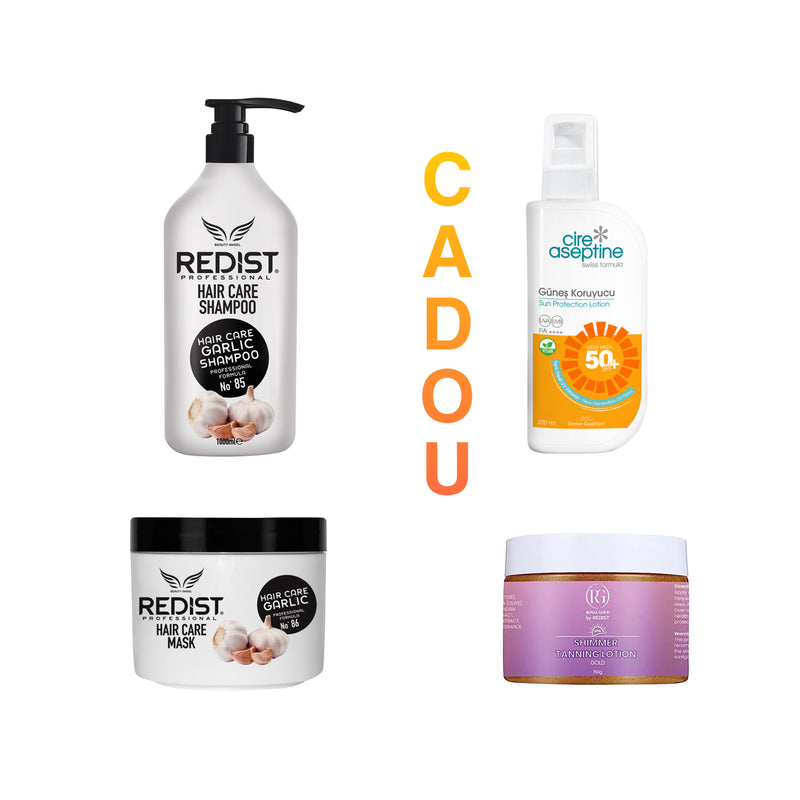 Sampon cu usturoi 1000 ml + Masca cu usturoi + CADOU : Cremă protecție solară Cire Aseptine 50 SPF 200 ml + Shimmer Tanning Lotion SPF 10 Royal Gold by Redist, Gold 150 g