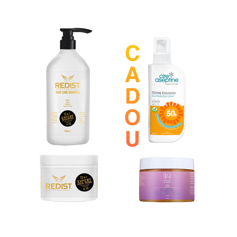 Sampon Redist Professional 12 in 1 Expert 1000 ml + Masca de păr Redist Professional 12 in 1 Expert 500 ml + Cadou : Cremă protecție solară Cire Aseptine 50 SPF 200 ml + Shimmer Tanning Lotion SPF 10 Royal Gold by Redist, Gold 150 g