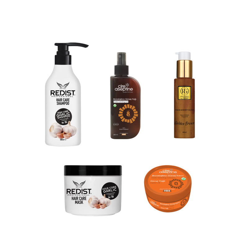 Șampon profesional cu extract de usturoi Redist 500 ml + Masca cu usturoi + Face and Body Glow Golden Brown 80 ml + Cire Aseptine Bronzing cu ulei de morcov 100 ml O SPF + Cire Aseptine Bronzing Sun Oil 8 SPF 200 ml