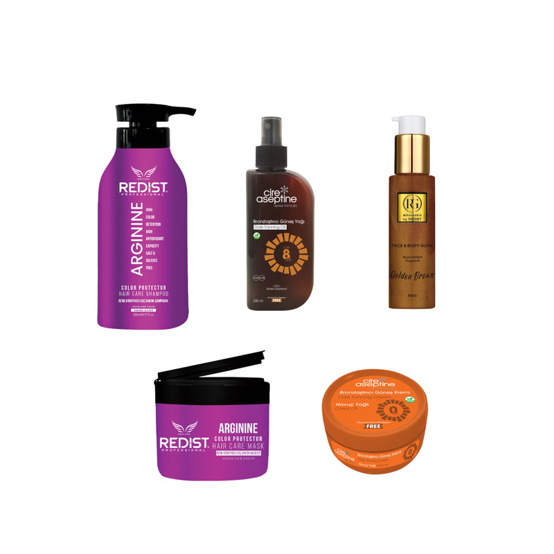 Sampon cu Arginine Redist pentru protectia culorii 500 ml + Masca de par cu Arginine Redist 250 ml + Face and Body Glow Golden Brown 80 ml + Cire Aseptine Bronzing cu ulei de morcov 100 ml O SPF +Cire Aseptine Bronzing Sun Oil 8 SPF 200 ml