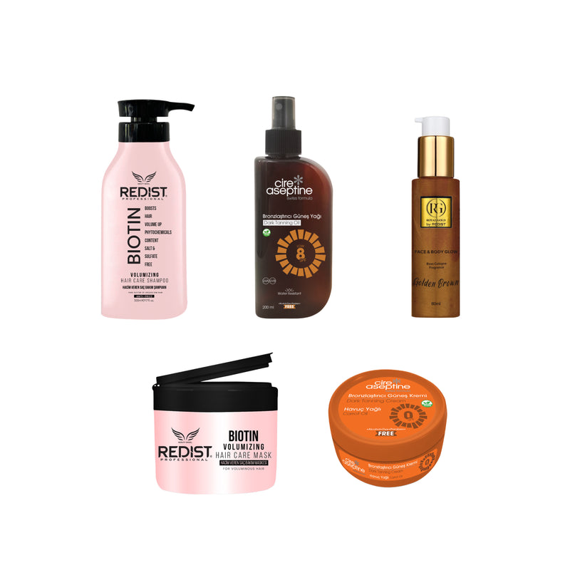 Sampon cu Biotina Redist pentru volum 500 ml + Masca de par cu Biotina Redist 250 ml + Face and Body Glow Golden Brown 80 ml + Cire Aseptine Bronzing cu ulei de morcov 100 ml O SPF + Cire Aseptine Bronzing Sun Oil 8 SPF 200 ml
