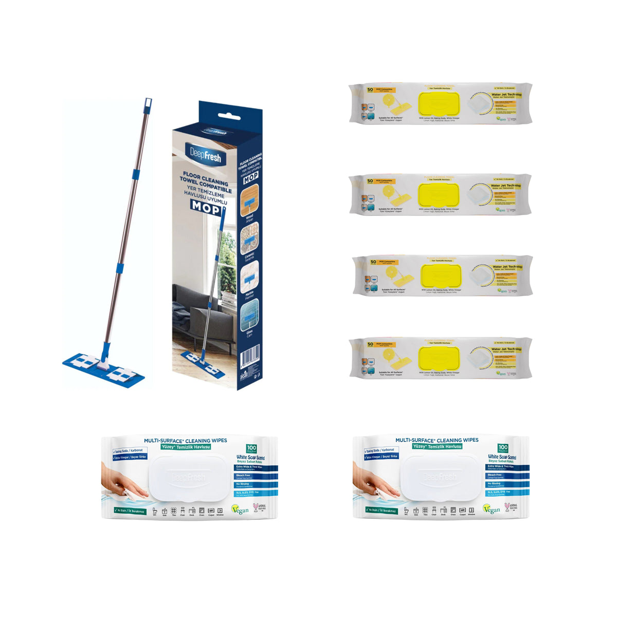 Set Mop + Șervețele mop pentru multi suprafețe cu lămâie , bicarbonat si otet 50 buc x 4 pachete + Şerveţele umede pentru multi suprafeţe cu bicarbonat şi oțet Deep Fresh 100 de bucăți × 2 pachete - Redist