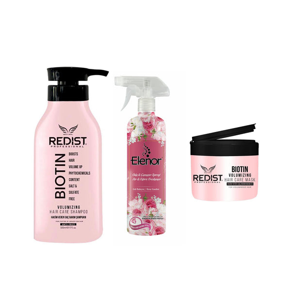 Sampon cu Biotina Redist pentru volum 500 ml + Masca de par cu Biotina Redist 250 ml + Odorizant pentru cameră și textile Elenor Rose Garden 500 ml - Redist
