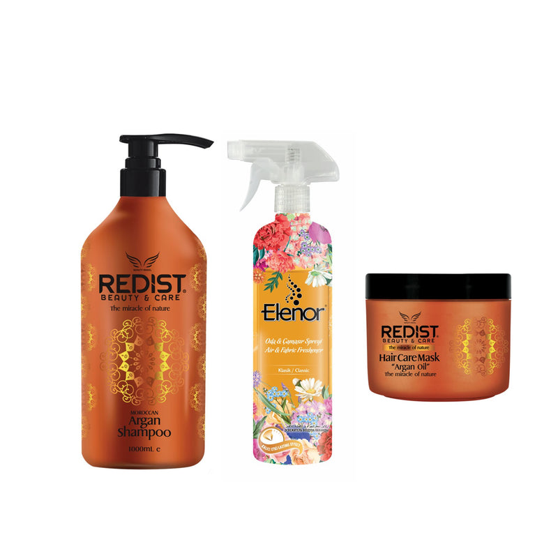 Sampon cu ulei de Argan Redist 1000 ml + Masca pentru par cu Argan Redist 500 ml + Odorizant pentru cameră și textile Elenor Classic 500 ml