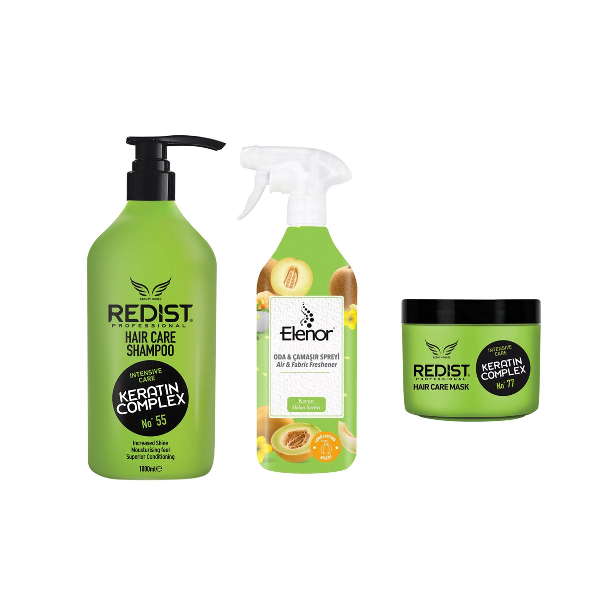Sampon profesional cu Keratina Redist 1000 ml + Masca profesionala pentru par cu Keratina Redist 475 ml + Odorizant pentru cameră și textile Elenor Melon Sorbet 500 ml - Redist