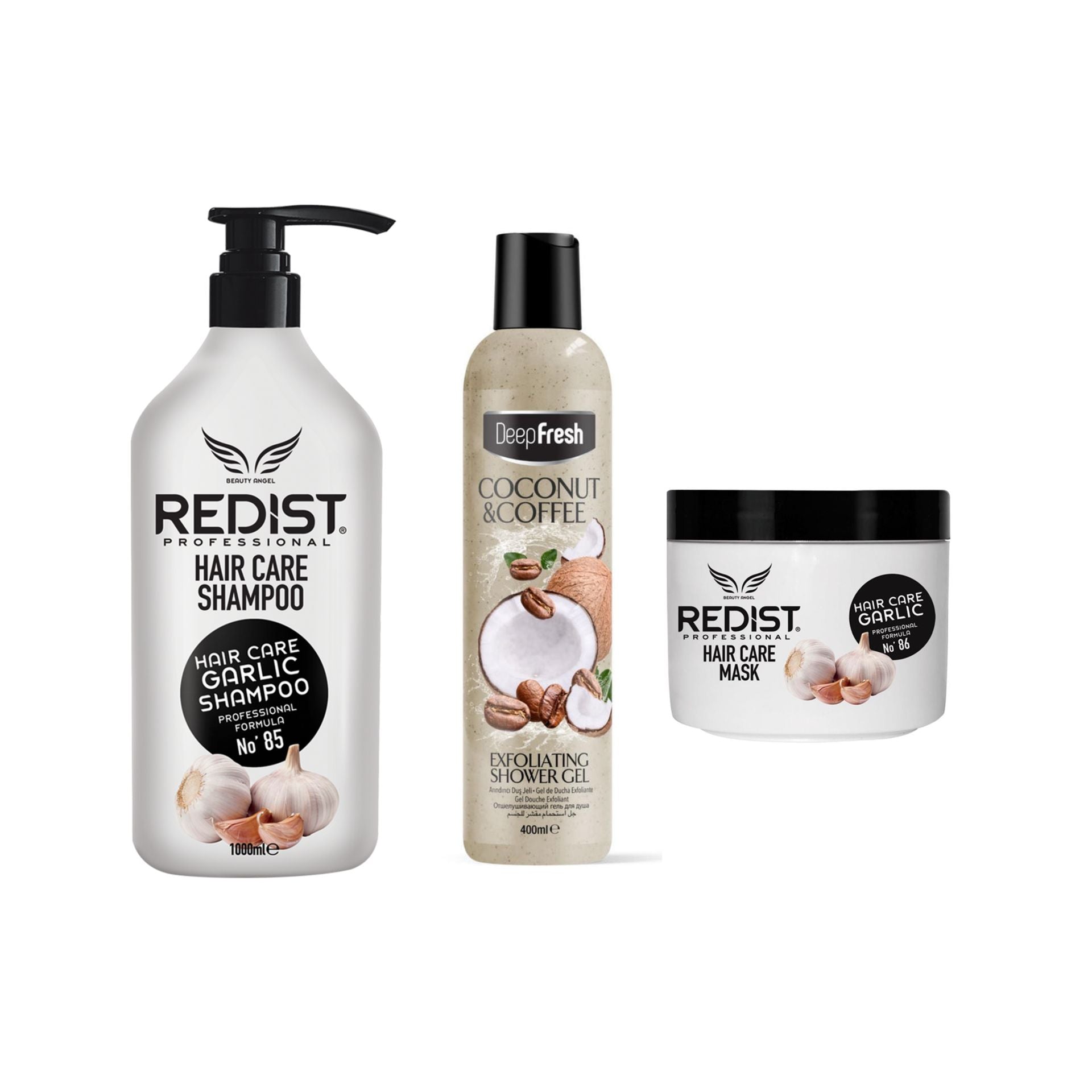 Sampon cu usturoi 1000 ml + Masca cu usturoi + Gel de dus exfoliant Coconut & Coffee Deep Fresh 400 ml - Redist