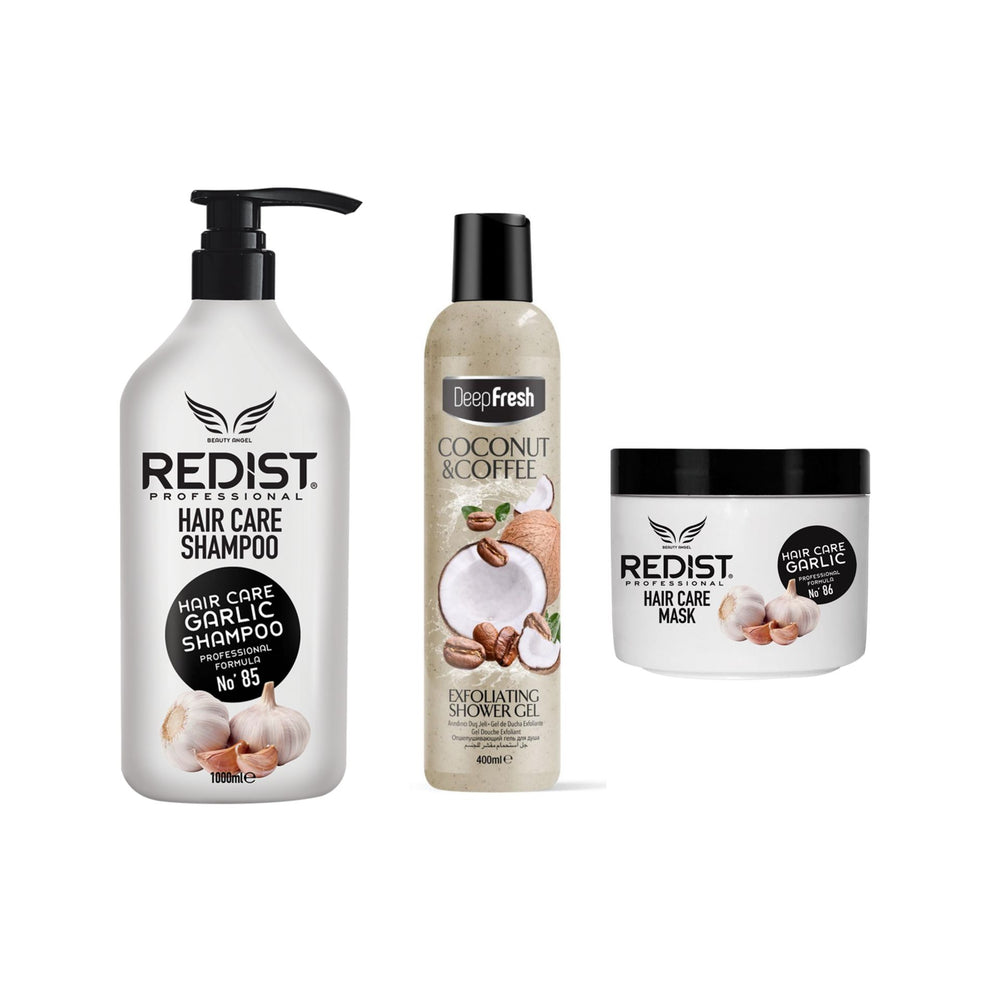 Sampon cu usturoi 1000 ml + Masca cu usturoi + Gel de dus exfoliant Coconut & Coffee Deep Fresh 400 ml - Redist