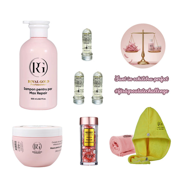 Nou: Gama Max Repair Pink by Royal Gold + 3 x Mască de păr lichidă fiolă tratament Redist  + Capsule Pink + Set Prosoape de păr