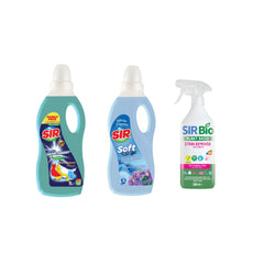 Pachet produse curăţare haine albe şi colorate: Detergent Sir White&Colors 1000 ml + Balsam de rufe Sir Soft Four Seasons 1000 ml + Soluţie pentru ȋndepartarea petelor multi suprafeţe Sir Bio 500 ml